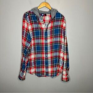 Route 66 plaid hooded flannel button front long sleeve shirt